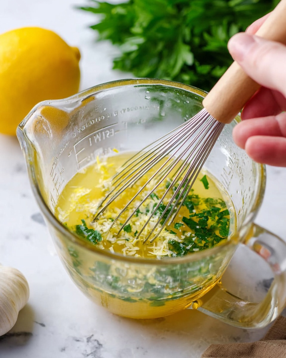 A clear glass measuring cup sits on a white marbled surface, filled with a yellow liquid mixed with small bits of grated lemon zest and bright green chopped herbs floating on top. A woman's hand holds a whisk with a light wooden handle, gently stirring the mixture inside the measuring cup. In the background, a whole yellow lemon, a white bulb of garlic, and fresh green parsley leaves lie softly blurred to add fresh color to the scene. photo taken with an iphone --ar 4:5 --v 7