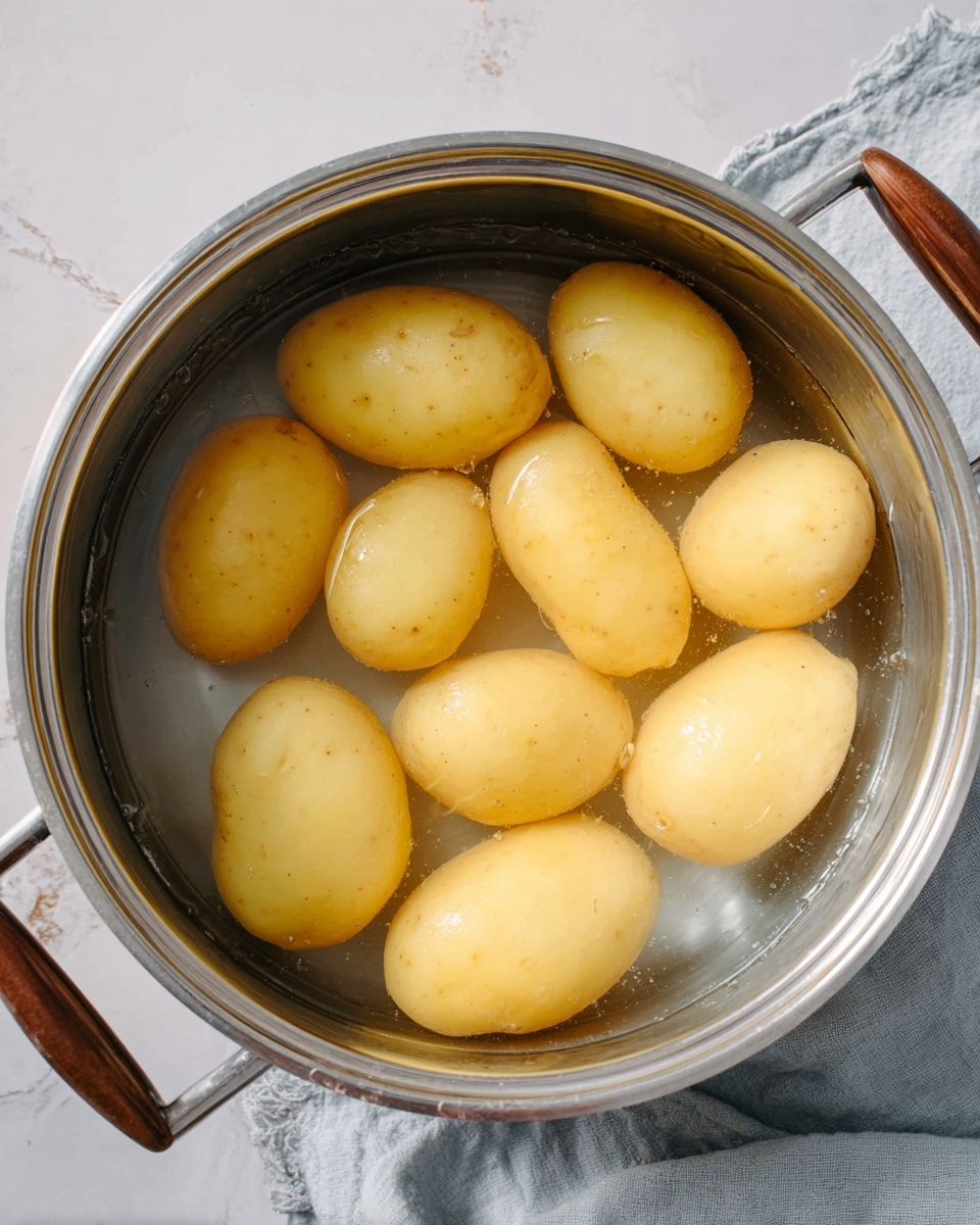 A top view of a silver pot filled with clear water holding eleven peeled yellowish potatoes fully submerged. The pot has brown handles and sits on a white marbled surface with a light grey cloth partially visible on the right side photo taken with an iphone --ar 4:5 --v 7