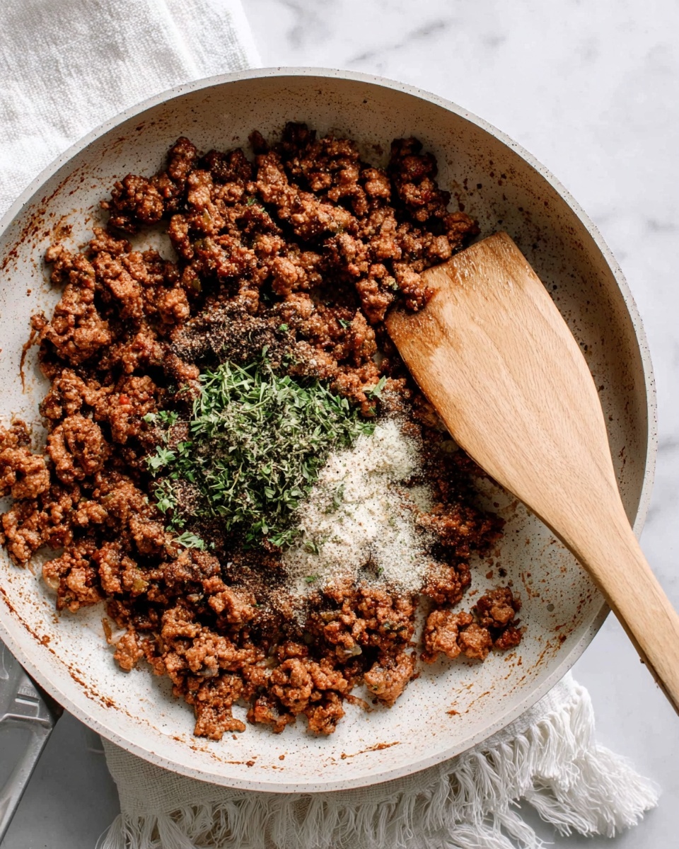 The dish has a base layer of thin, round yellow potato slices arranged across a white plate, topped with bright red tomato slices. Over these layers, there are small browned pieces of ground meat scattered unevenly. White cheese crumbles are sprinkled on top, adding contrast. Light green fresh herbs are scattered across all layers for color and freshness. A silver fork rests on the bottom edge of the plate. The background is a white marbled texture. photo taken with an iphone --ar 4:5 --v 7