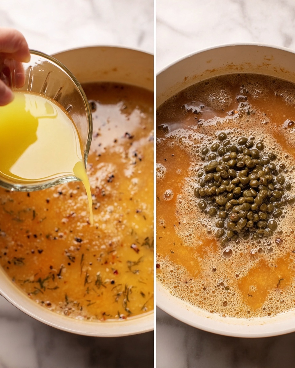 A white round pan holds five fillets of light pink fish in a yellow sauce with small green capers scattered on top. There are bright yellow lemon slices arranged between the pieces of fish, along with fresh green parsley leaves. The fish fillets have a slightly shiny texture and are evenly spaced in the pan. The pan rests on a white marbled surface, and a white cloth with thin black stripes is visible on the top-right side. photo taken with an iphone --ar 4:5 --v 7