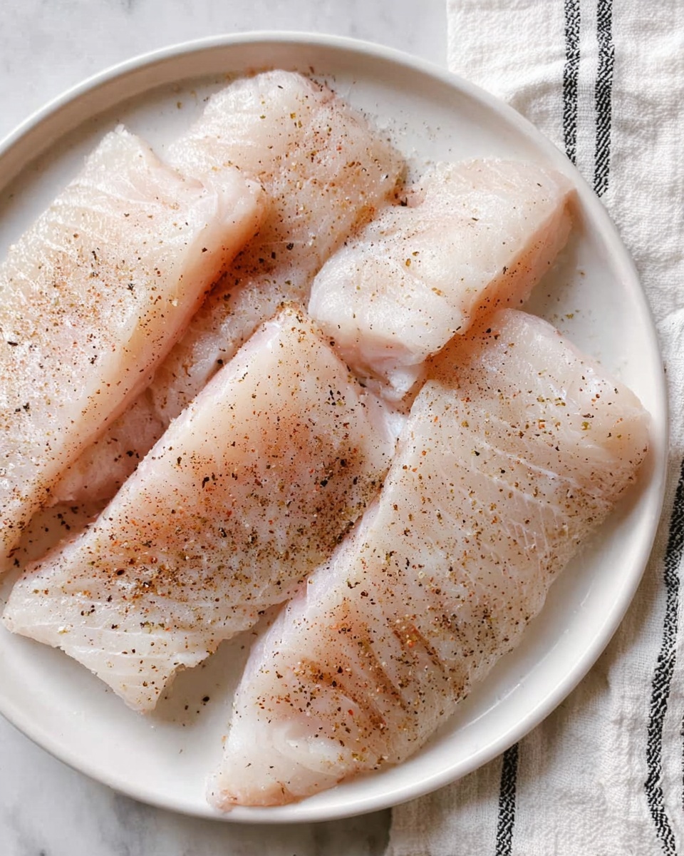A white plate holds five raw fish fillets, lightly sprinkled with black pepper. The fillets are pale pink and white, arranged close together but not overlapping. The plate sits on a white marbled surface with a white cloth napkin with black stripes visible on the right side. The texture of the fish looks smooth and fresh with slight moisture shine. photo taken with an iphone --ar 4:5 --v 7
