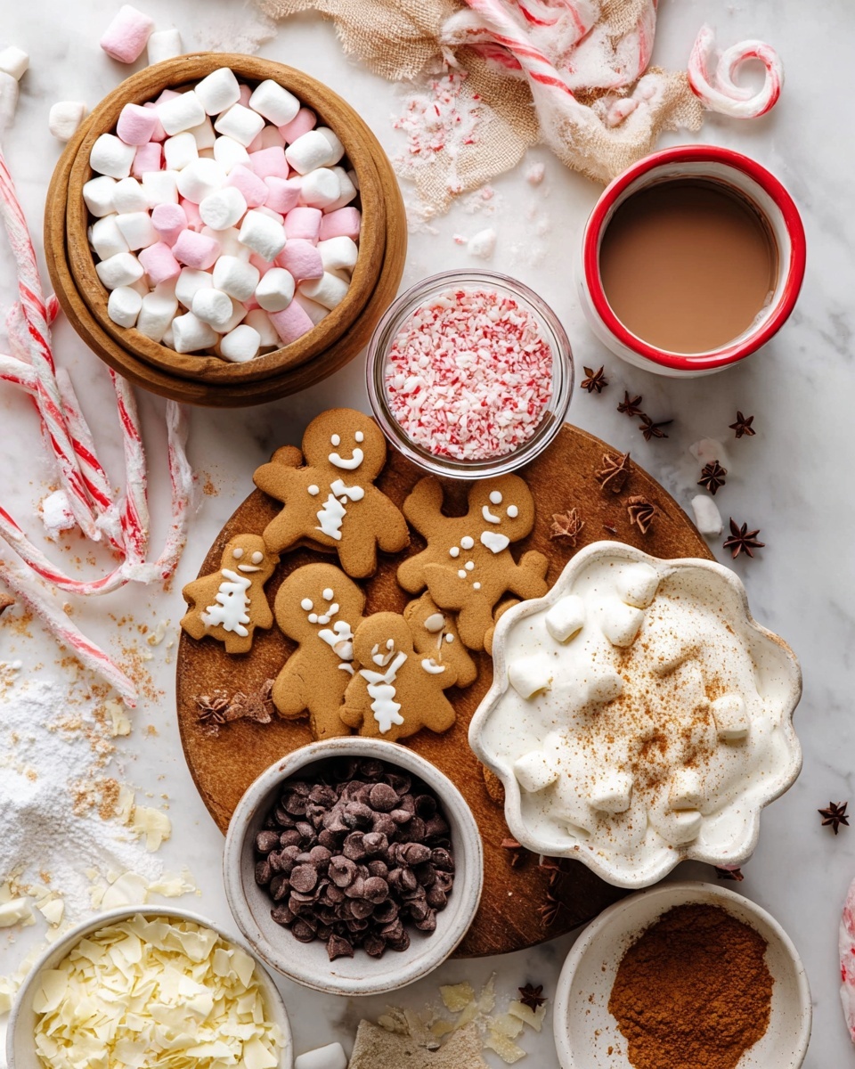 A white ceramic mug filled with hot chocolate topped with small white and pink marshmallows and scattered dark chocolate chips, with a dusting of cocoa powder on top. The mug sits on a white marbled surface sprinkled with small yellow star-shaped sprinkles, extra chocolate chips, and a cinnamon stick to the side. In the background, two other white mugs are visible, one topped with whipped cream and chocolate chips, and the other decorated with white icing and star sprinkles. There is a woman's hand holding one of the mugs with warm lighting creating a cozy atmosphere. Photo taken with an iphone --ar 4:5 --v 7