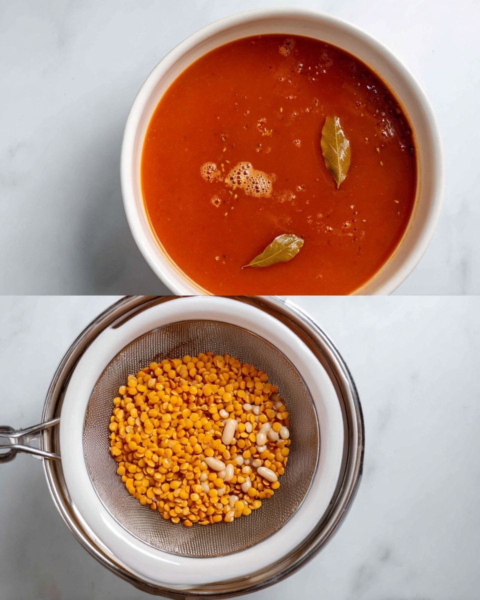 The image shows two views of the same white bowl with a red-orange liquid soup base. On the left side, the bowl is filled with smooth, shiny soup with some small spices and herbs floating on the surface, and two small pieces of bay leaves visible. On the right side, a white mesh strainer is held over the bowl, containing yellow lentils and white beans being drained into the soup. The background is a white marbled surface. Photo taken with an iphone --ar 4:5 --v 7