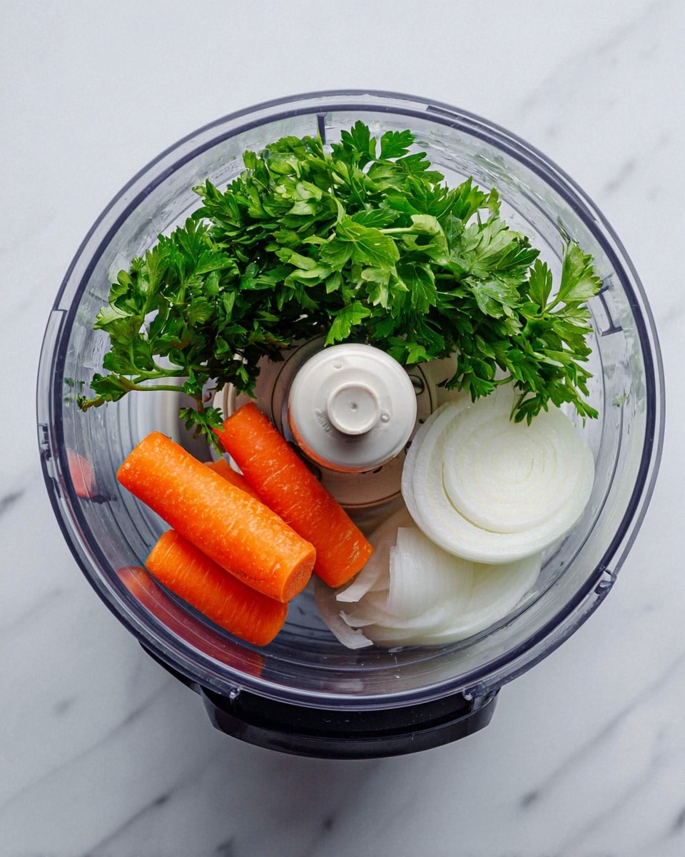 The image shows a clear round food processor bowl placed on a white marbled surface. Inside the bowl, there are three main groups of ingredients: fresh green parsley leaves on the left side, two small bright orange carrots at the bottom, and a stack of white onion slices on the right side. The colors and textures are fresh and natural, with green leaves showing detailed veins, smooth carrot surface, and thin layered onion rings. The food processor blade is visible in the middle but not touching the ingredients. Photo taken with an iphone --ar 4:5 --v 7