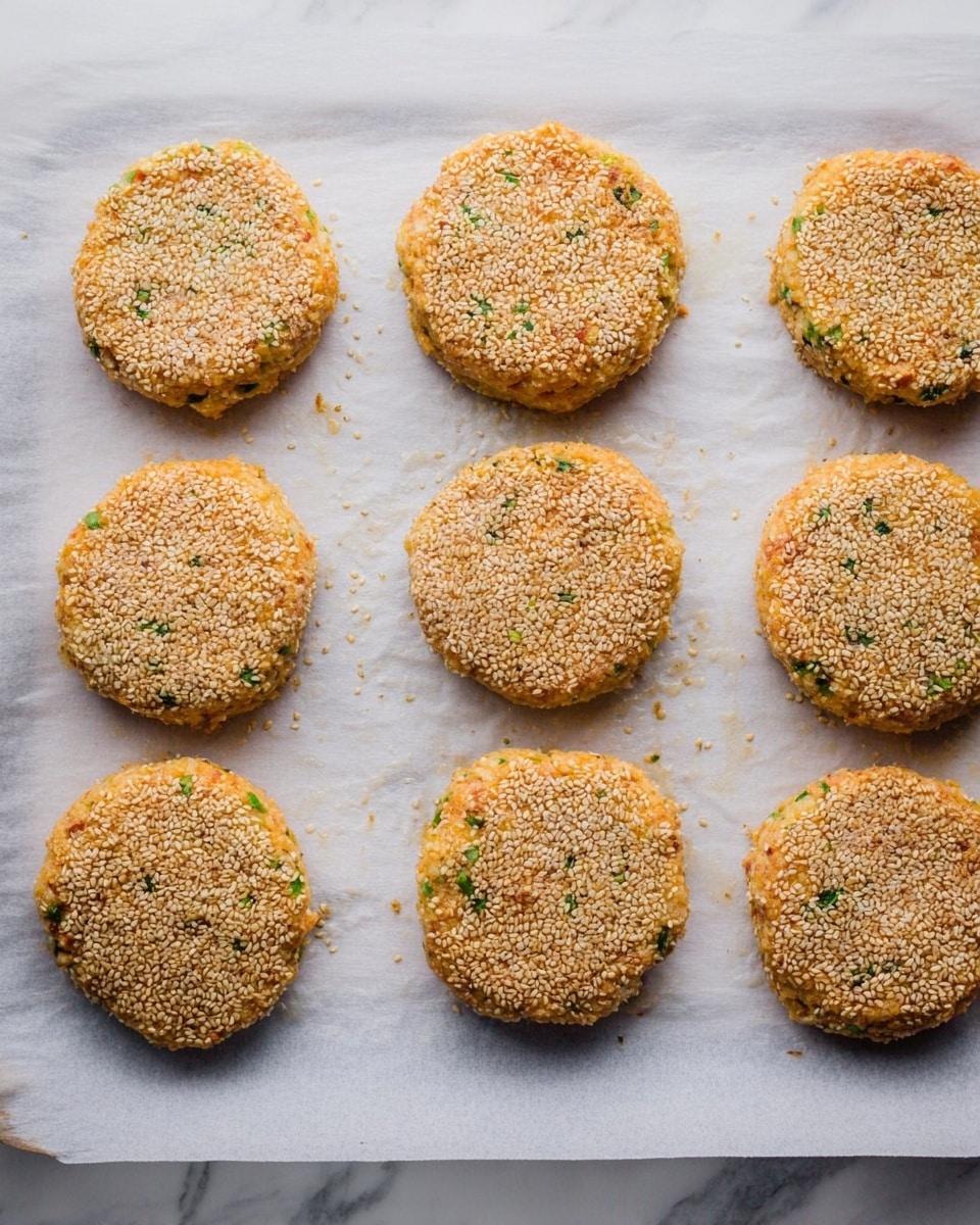 Seven round, golden-brown patties with a rough texture and sprinkled with white sesame seeds are arranged on a bright blue round plate. A small white bowl filled with white creamy sauce and small green herb pieces sits at the bottom center of the plate. The background is a white marbled surface with some green parsley leaves on the left edge and part of a white cloth with dark stripes on the right. The patties have a crispy outer layer and small bits of green and orange within them photo taken with an iphone --ar 4:5 --v 7