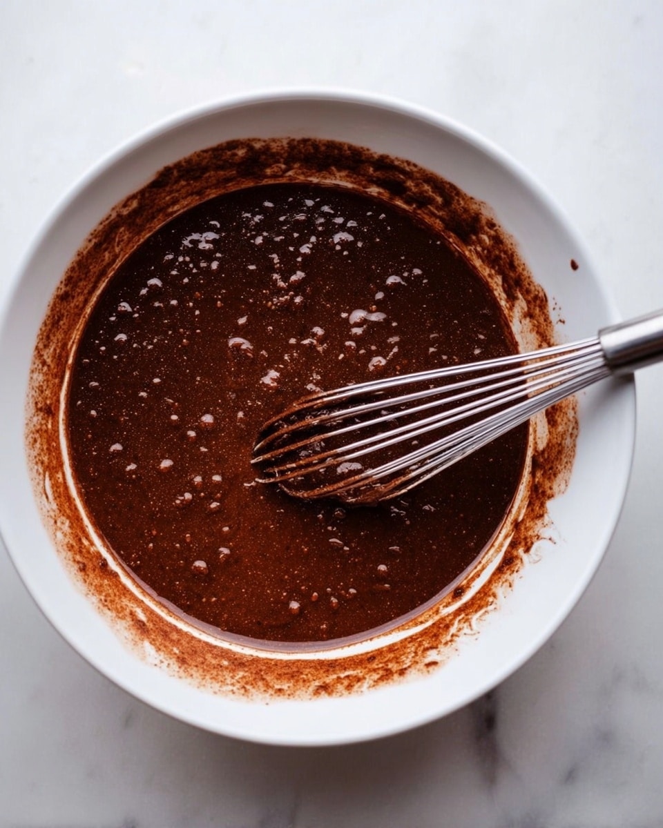 A white bowl filled with dark brown chocolate batter that looks smooth with small lumps scattered throughout. A metal whisk with some batter coating the wires rests inside the bowl near its edge. The inside rim of the bowl has streaks of batter smeared around it. The bowl sits on a white marbled surface. photo taken with an iphone --ar 4:5 --v 7