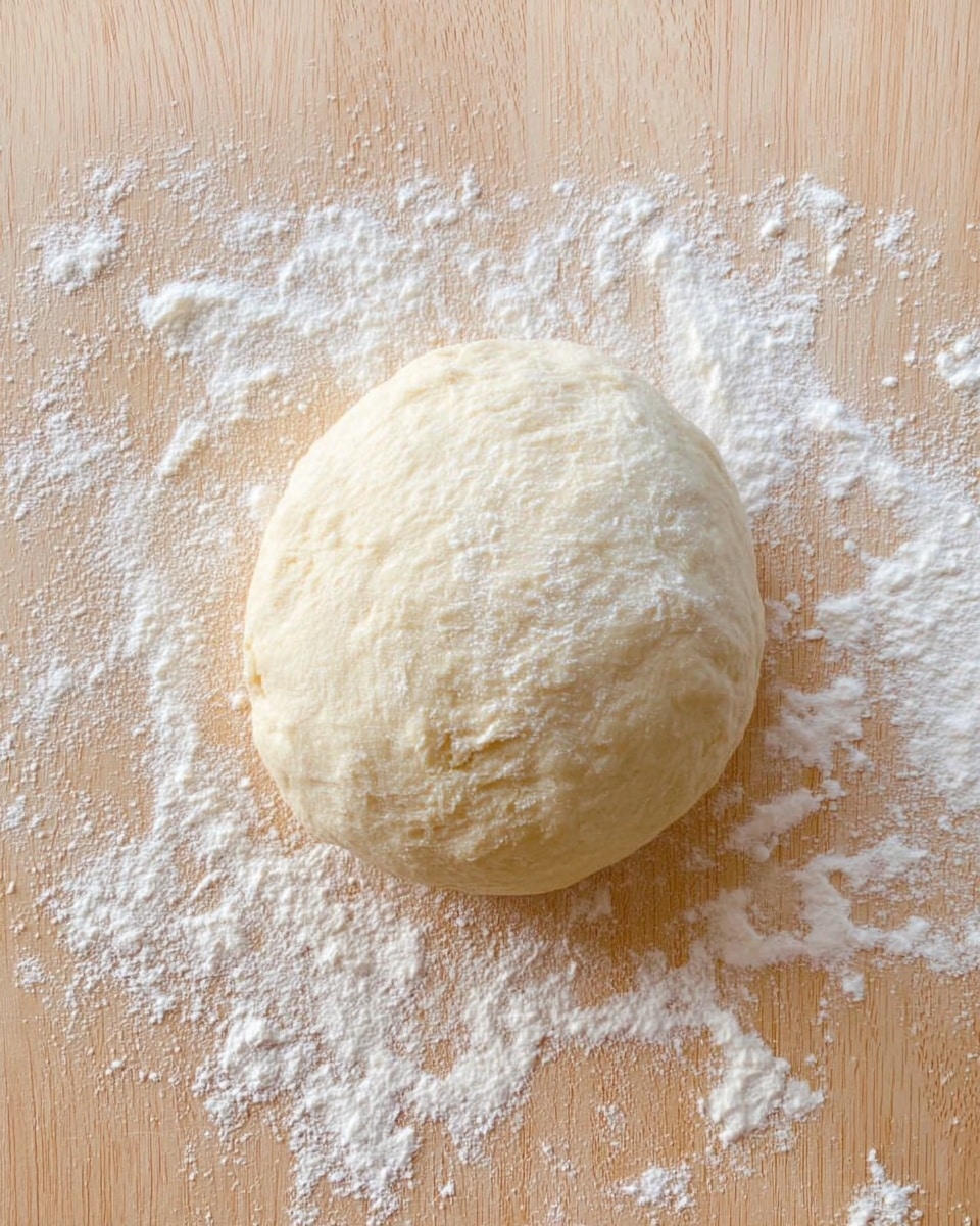 A round ball of dough with a smooth, slightly cracked surface sits on a light wooden board sprinkled with white flour scattered unevenly around it, creating a soft powdery texture. The dough has a pale beige color, showing slight variations in shade. The background is a white marbled texture underneath the wooden board. photo taken with an iphone --ar 4:5 --v 7