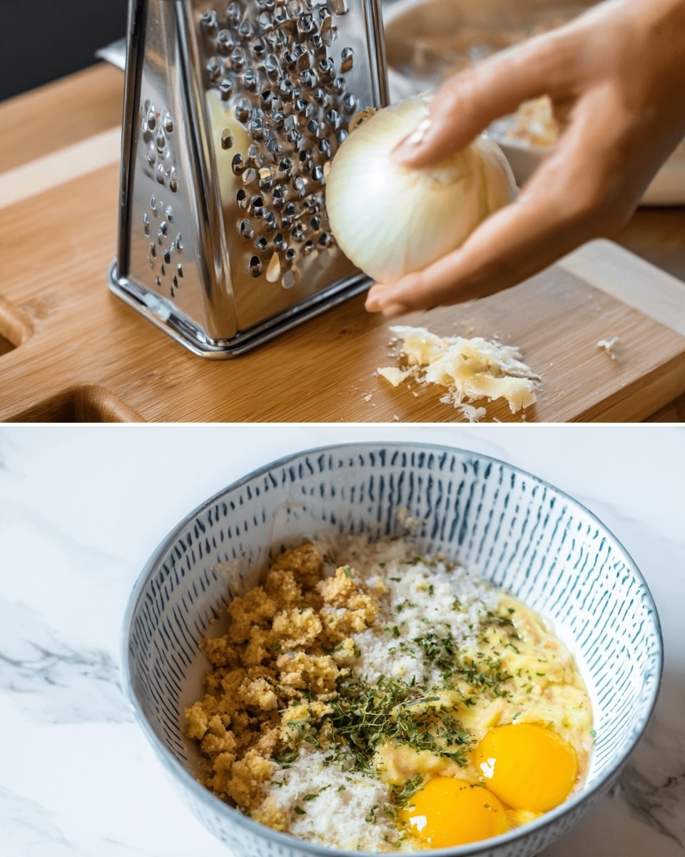 The first part of the image shows a close-up of a woman's hand holding a whole white onion, grating it on a shiny metal box grater positioned on a wooden cutting board. The second part shows a white bowl with light blue pattern around the edges, filled with a mixed raw batter containing two raw eggs yolks on the left side, light brown crumbled pieces, some white powdery ingredients in the center, and green herbs sprinkled on top. The bowl is placed on a white marbled surface. Photo taken with an iphone --ar 4:5 --v 7