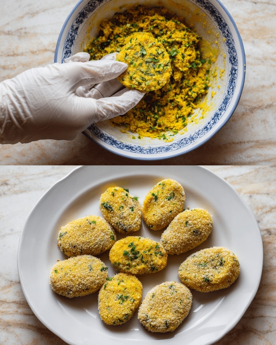 A woman's hand wearing a white glove holds a round, flat, yellow mixture with green herbs inside it, above a white bowl with blue patterns filled with the same yellow mixture on a white marbled surface. Below, a white plate sits on the same white marbled surface, holding eight oval-shaped pieces covered in a light crumbed coating, arranged in a loose circle. photo taken with an iphone --ar 4:5 --v 7
