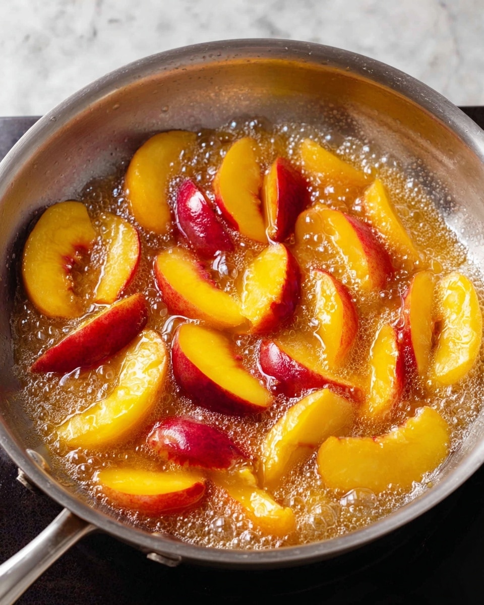 The image shows a white bowl filled with two scoops of creamy vanilla ice cream, topped with several pieces of soft, shiny peach slices that have a warm reddish-orange color. The peaches look juicy and slightly cooked, with a glossy texture from a syrup or sauce that drizzles over the ice cream, creating small pools of amber color. A spoon with some ice cream and peach rests inside the bowl near the bottom right corner. The background is a white marbled surface. photo taken with an iphone --ar 4:5 --v 7