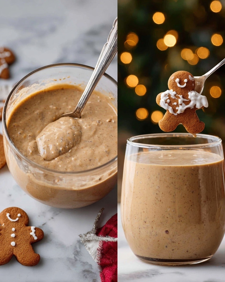 The left side shows a clear glass bowl filled with a light brown liquid mixture with small visible bits, and a metal spoon resting inside. On the right side, there is a clear glass filled with a thick, creamy light brown mixture with small granules, and a small gingerbread man cookie decorated with white icing leaning inside the glass. A large spoon is lifting a scoop of the creamy mixture out of the glass. The background has blurred Christmas lights and decorations with more gingerbread cookies on the white marbled surface. Photo taken with an iphone --ar 4:5 --v 7