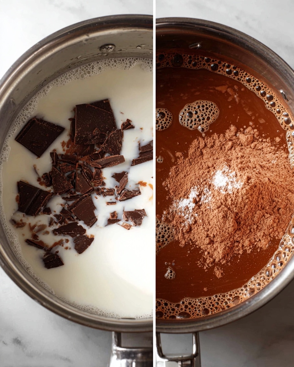 Two close-up images show a cooking pot with different stages of making hot chocolate. On the left, a shiny silver pot holds white milk with a few pieces of dark chocolate resting on the surface, some chocolate shavings scattered around. On the right, the same pot contains a thick dark brown chocolate mix with bubbles forming on top, and a heap of light brown cocoa powder with some salt sprinkled over it sits in the center, ready to be mixed in. Both photos have a white marbled surface in the background. Photo taken with an iphone --ar 4:5 --v 7
