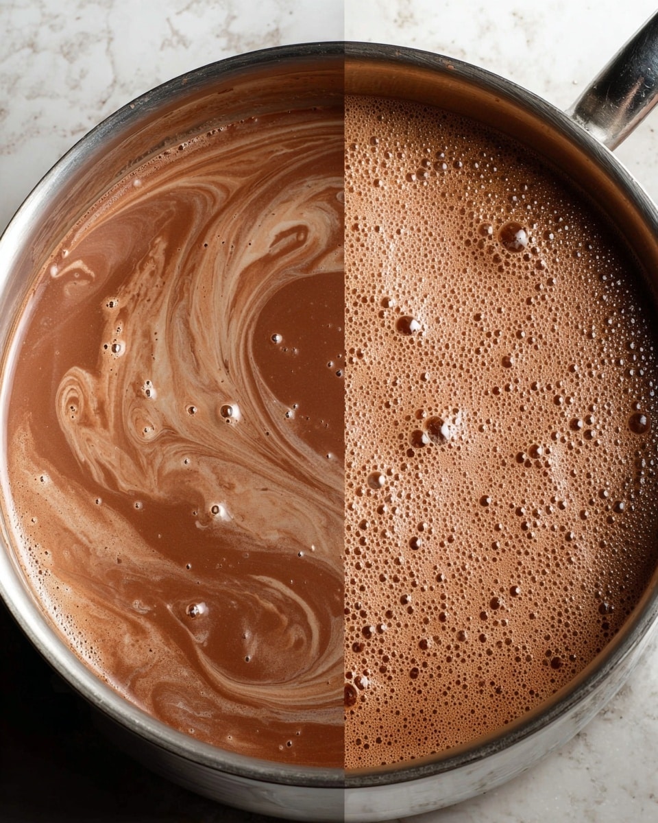 The image shows a close-up of a metal pot filled with hot chocolate liquid. On the left side, the surface of the drink has light and dark brown swirls with small bubbles floating on top, giving a marbled, creamy look. On the right side, the drink looks smoother with an even milk chocolate color and many small bubbles scattered across the top layer, creating a slightly foamy texture. The pot is shiny and reflects the light. The background is a white marbled texture. photo taken with an iphone --ar 4:5 --v 7