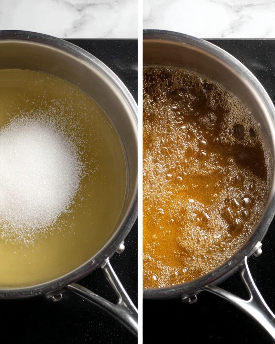 The image shows two side-by-side photos of a shiny silver pot on a black stove with a white marbled surface. On the left, the pot contains a clear light yellow liquid with a large pile of white granulated sugar resting on one side, showing the sugar about to dissolve. On the right, the pot is filled with a thick, golden amber liquid that is bubbling and boiling vigorously, showing the sugar fully melted and cooking. The metal handles of the pot are visible at the sides. photo taken with an iphone --ar 4:5 --v 7
