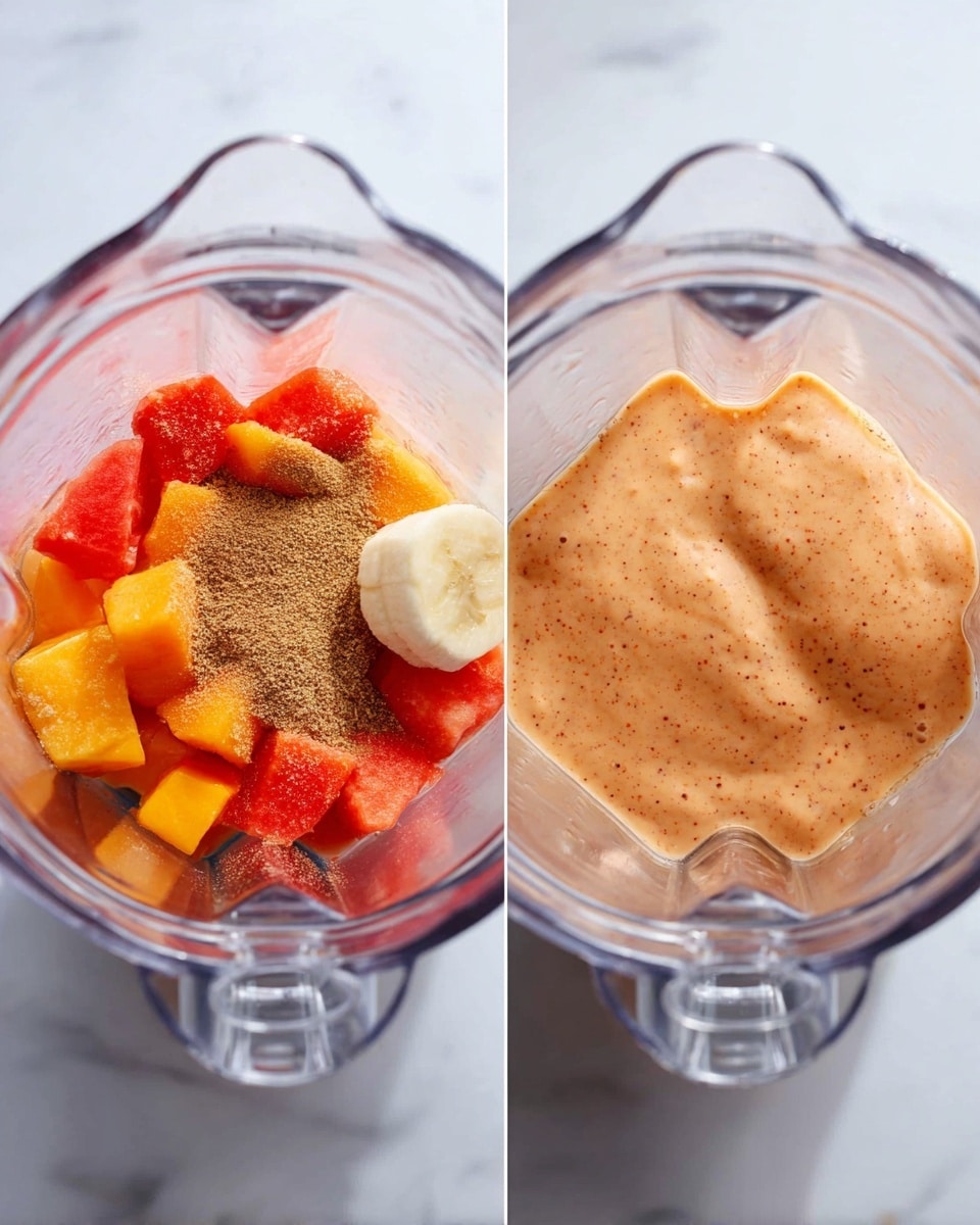 The image shows two top views of a blender jar on a white marbled surface. In the left part, the blender jar contains several layers: bright orange and red chopped fruit pieces on the top and sides, a small white banana piece near the bottom, a light brown powder sprinkled centrally, and a darker brown powder next to it. In the right part, the blender contains a smooth, thick, creamy orange-pink mixture with tiny darker specks evenly spread across the surface. The blender jar is clear plastic, showing the contents clearly. photo taken with an iphone --ar 4:5 --v 7