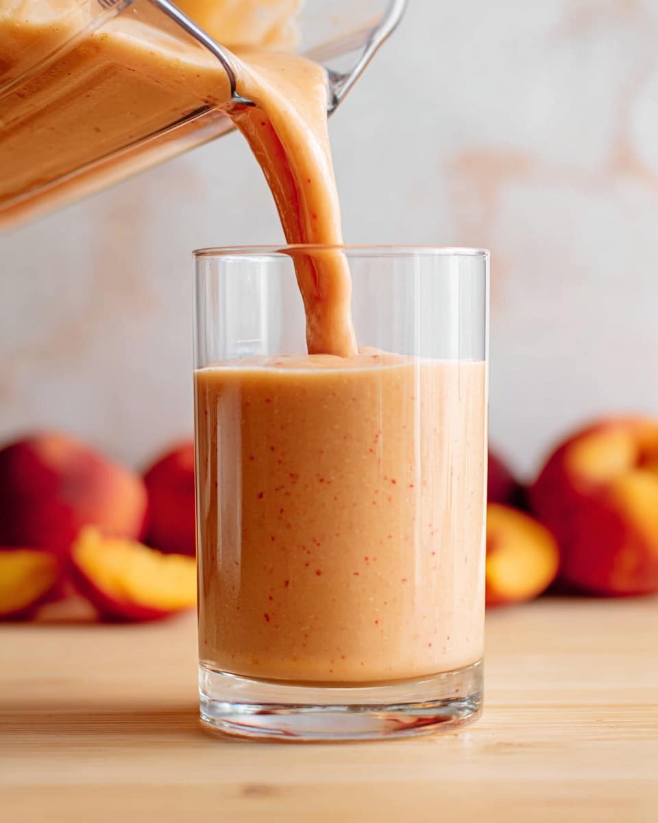 A clear glass is being filled with a thick peach-colored smoothie that has tiny red specks throughout. The smoothie flows smoothly from a blender jug, with a woman's hand holding the jug just out of the frame. In the blurred background, there are fresh peaches adding a warm orange and red color glow. The glass sits on a light wooden surface, with a soft white marbled texture behind, giving a clean and bright look. Photo taken with an iphone --ar 4:5 --v 7