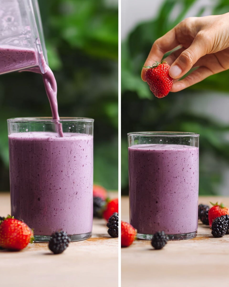A clear glass is filled with a thick purple smoothie, showing a smooth and creamy texture with tiny berry specks. The first image shows the smoothie being poured from a blender into the glass, while the second image shows a woman's hand holding a split fresh red strawberry above the smoothie. The glass sits on a light-colored wooden surface with scattered blackberries and strawberries around it. The background is blurred with green leafy plants. photo taken with an iphone --ar 4:5 --v 7