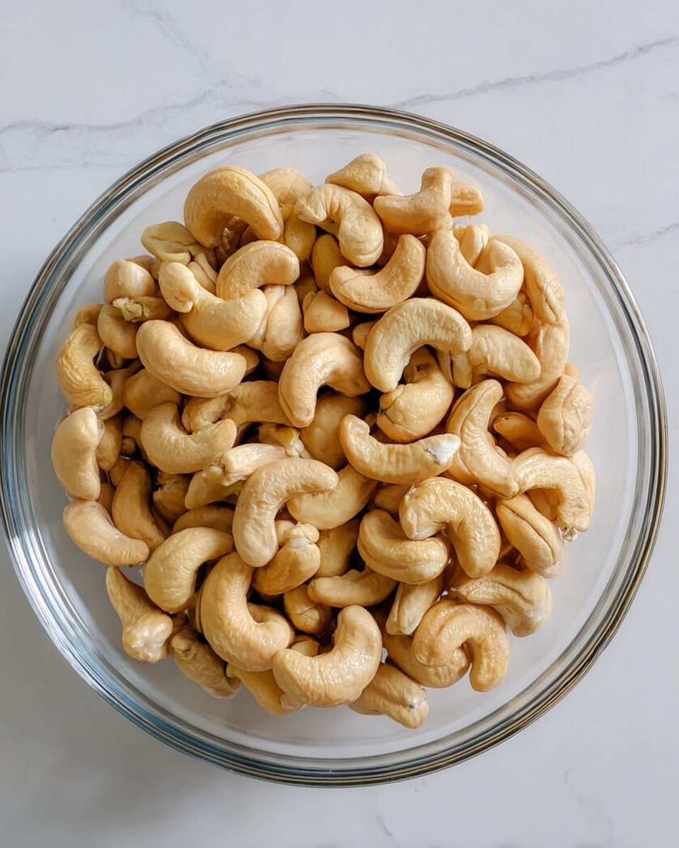 A clear glass bowl filled with a single layer of light tan, smooth cashew nuts. Each cashew has a curved shape with a slightly textured surface, tightly packed inside the bowl. The bowl sits on a white marbled surface. photo taken with an iphone --ar 4:5 --v 7