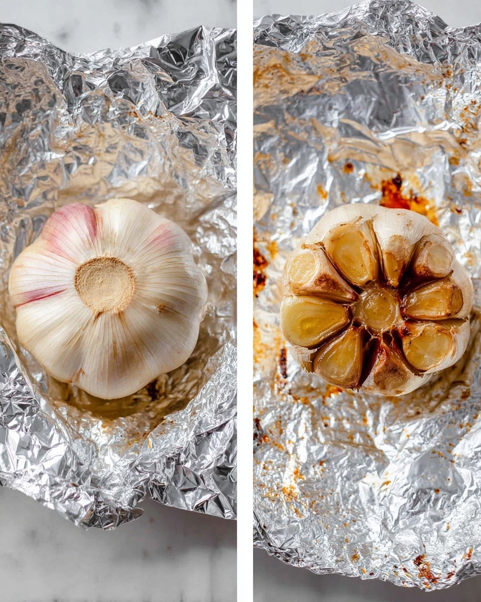 Two side-by-side images show a whole garlic bulb before and after roasting on crinkled silver foil. On the left, the raw garlic bulb sits in the center, pale cream with pink edges around the cloves, the smooth papery layers visible, resting on shiny silver foil with many light reflections. On the right, the roasted garlic bulb in the same position looks soft and caramelized with golden-brown, oily cloves and darker caramelized bits stuck to the foil around it. The silver foil on this side is darker and wrinkled with spots of brown residue, showing the cooking effect. The background is a white marbled texture. photo taken with an iphone --ar 4:5 --v 7