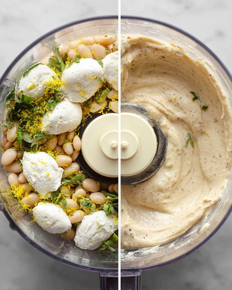 The image shows two side-by-side close-up views inside a food processor bowl on a white marbled surface. The left side displays the ingredients before blending: white beans spread all over bottom, topped with large dollops of white soft cheese, bright green herb leaves scattered on one side, and small yellow zest bits sprinkled unevenly around. The blade sits in the center, covered partially by the mix. The right side shows the blended result, a creamy light beige mixture with a smooth and thick texture filling the bowl. The blade is visible under the surface, coated in the creamy mix, and a few small darker specks are spread throughout. photo taken with an iphone --ar 4:5 --v 7