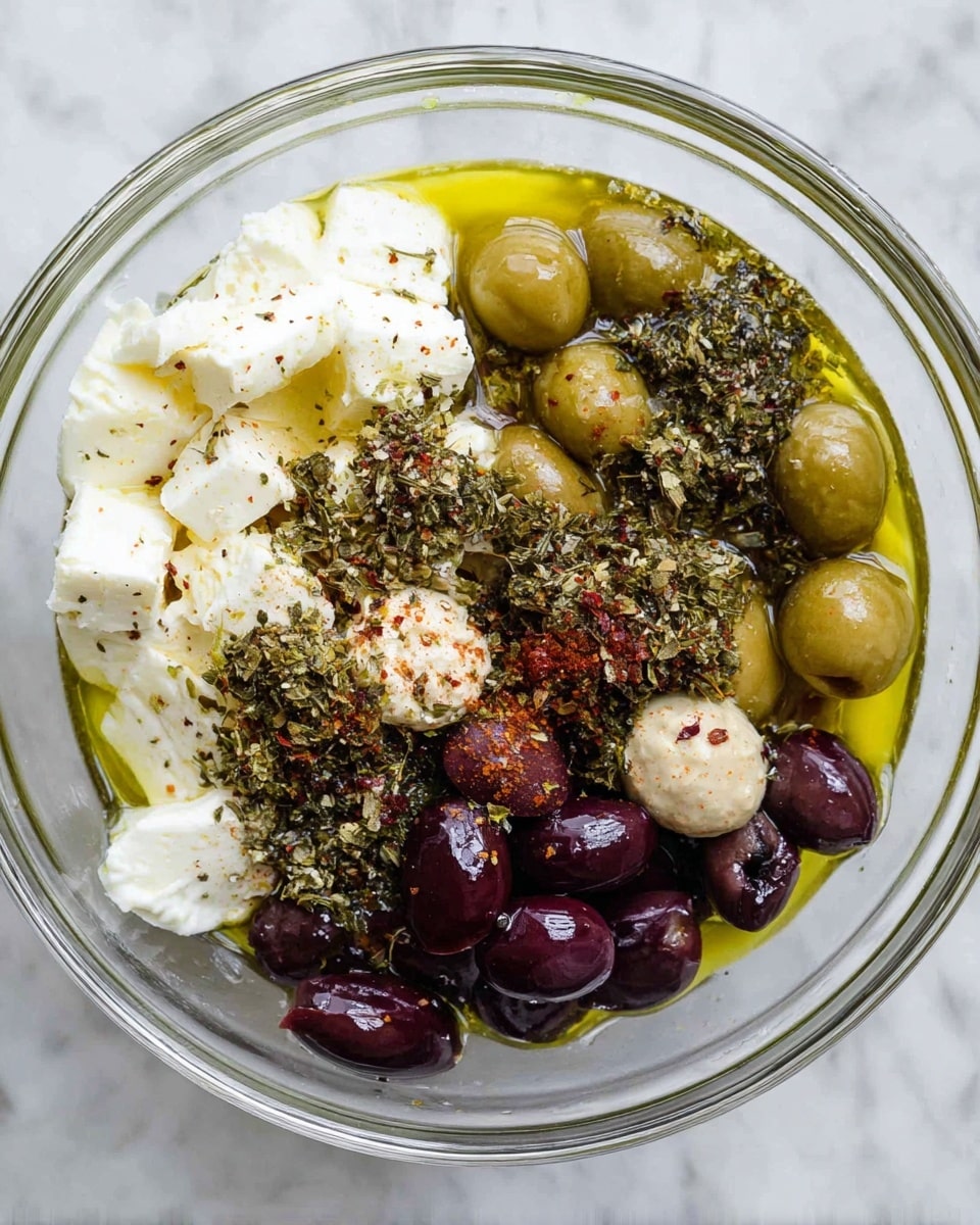 A clear glass bowl sits on a white marbled surface, filled with layers of ingredients. On the left side are soft white cheese chunks with a creamy texture. The cheese is topped with golden olive oil that pools around it. On the right side, there are dark purple sliced olives, shiny and moist. Near the top center, whole green olives with a smooth surface are scattered, some slightly greenish-brown. Mixed between the olives and cheese are herbs and spices, including dried green leaves and reddish flakes, adding specks of color and texture. Small dollops of a light beige paste are also visible among the herbs and olives. The whole mix sits loosely combined in the bowl, with the oil glistening on top. Photo taken with an iphone --ar 4:5 --v 7