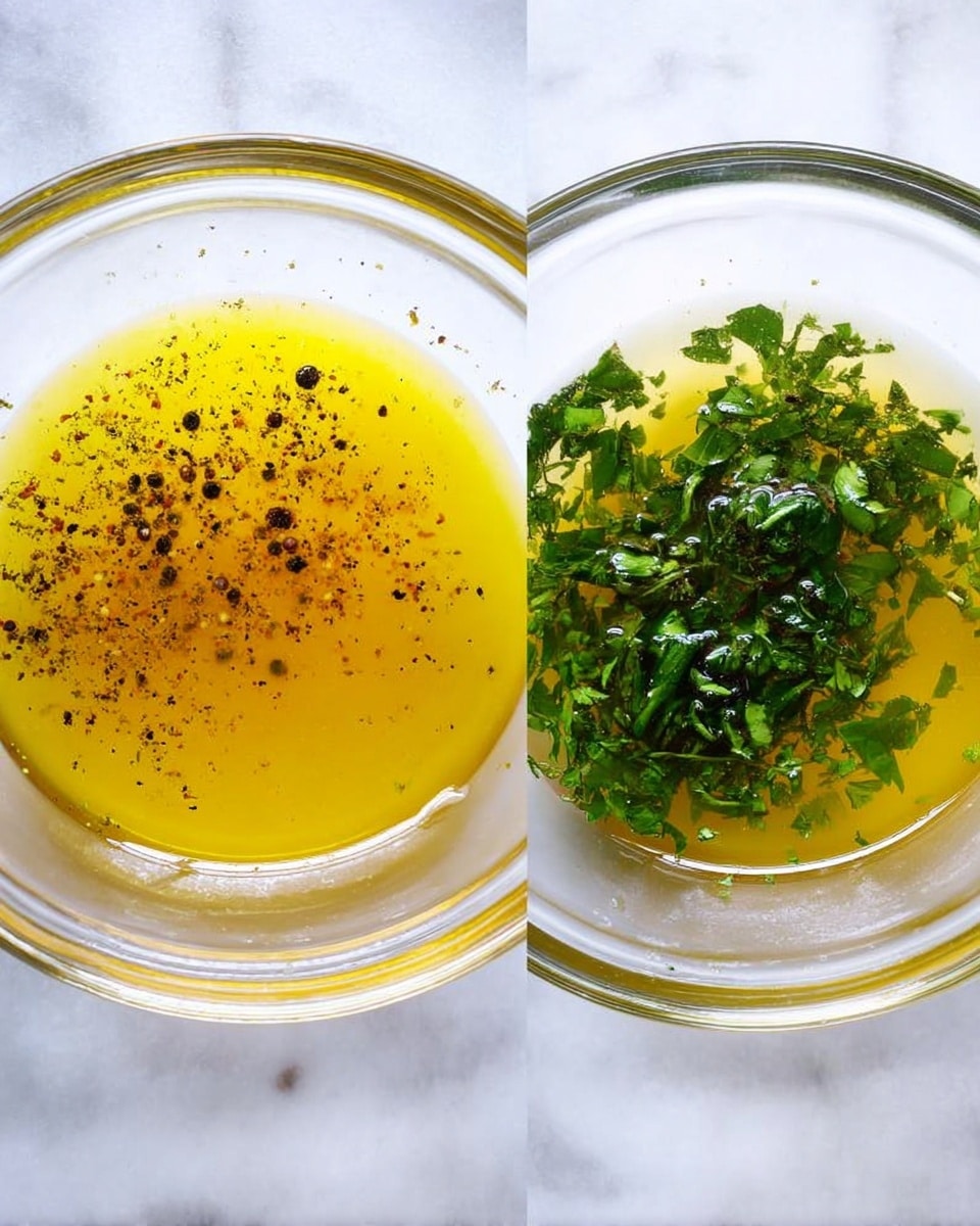 Two clear glass bowls are shown on a white marbled surface. The left bowl has a yellow liquid topped with small black pepper flakes scattered across the surface. The right bowl contains the same yellow liquid mixed with a bunch of green chopped herbs on one side. Light reflects off the glass bowls, giving a clear view of the contents inside. photo taken with an iphone --ar 4:5 --v 7