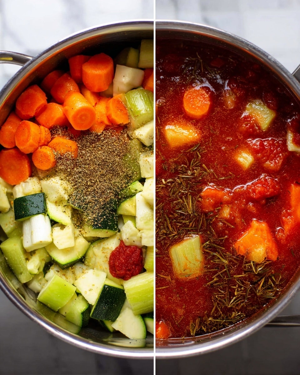 The image shows two sections of a silver pot with ingredients for making soup. In the left section, the pot is filled with different fresh vegetables layered together: bright orange carrot slices, light green celery pieces, and chunks of dark green and white zucchini, sprinkled with a dark dried herb mix, and a small red dollop of tomato paste on top. The right section shows the same pot but after adding a red tomato broth that covers the vegetable pieces, with the herbs floating in the broth. The background surface is a white marble texture. photo taken with an iphone --ar 4:5 --v 7