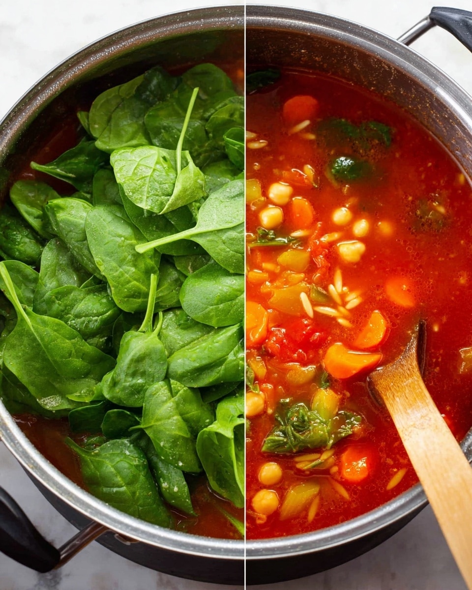 A large silver pot on a white marbled surface holds a bright red soup with visible floating layers: round white chickpeas, small bright orange carrot slices, yellow potato chunks, bits of green vegetable, and orzo pasta mixed into the liquid, which has a thick and slightly chunky texture. In the second view, a layer of fresh, dark green spinach leaves with smooth and slightly glossy surfaces is placed on top of the red soup, covering most of it. A wooden spoon with a flat edge is stirring the soup in the first image. photo taken with an iphone --ar 4:5 --v 7