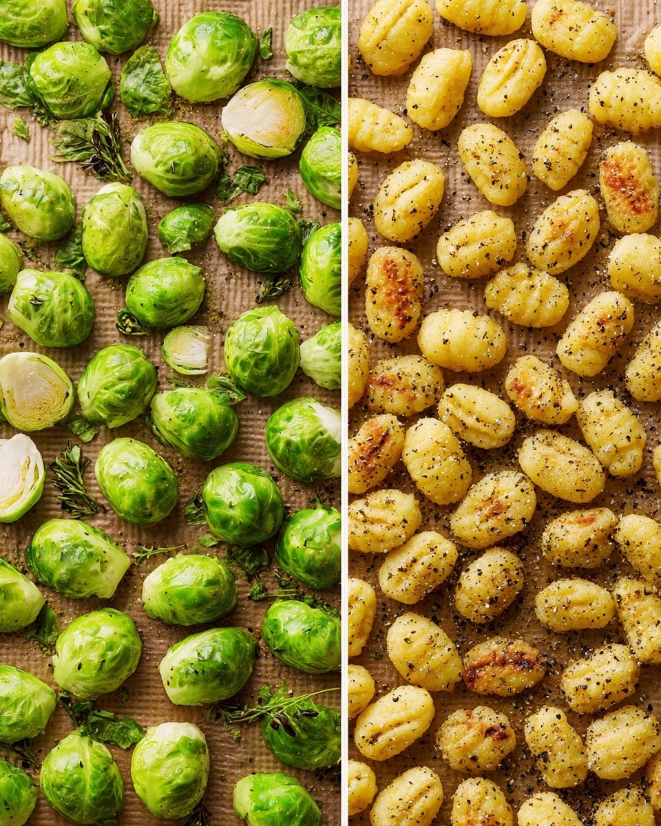 The image is split into two parts. On the left side, there are two layers on a baking sheet: the top layer has many bright green halved Brussels sprouts with visible leaves, and the bottom layer has many small, yellow gnocchi sprinkled with black pepper and herbs. The right side shows the same two layers after cooking: the Brussels sprouts are browned, with a crispy texture and darker green color, and the gnocchi have a golden brown color with a similar sprinkle of seasoning. The surface under the food is a light brown baking paper. Photo taken with an iphone --ar 4:5 --v 7