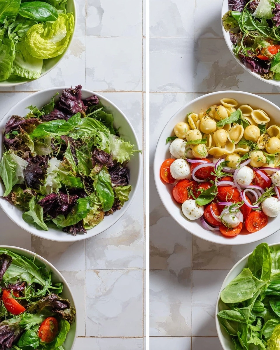 The image shows two white bowls on a white marbled surface with tile patterns. The bowl on the left is filled with fresh mixed leafy greens of different shades of green and purple, creating a varied textured base. The bowl on the right is a colorful pasta salad with three main layers: the bottom layer has light yellow pasta shells, the middle layer has bright red cherry tomato halves, small white mozzarella balls, and thin slices of purple onion, and the top layer has green leafy herbs scattered evenly, adding a fresh touch. Both bowls are surrounded by partial bowls of salad greens and herbs creating a fresh, vibrant setting photo taken with an iphone --ar 4:5 --v 7