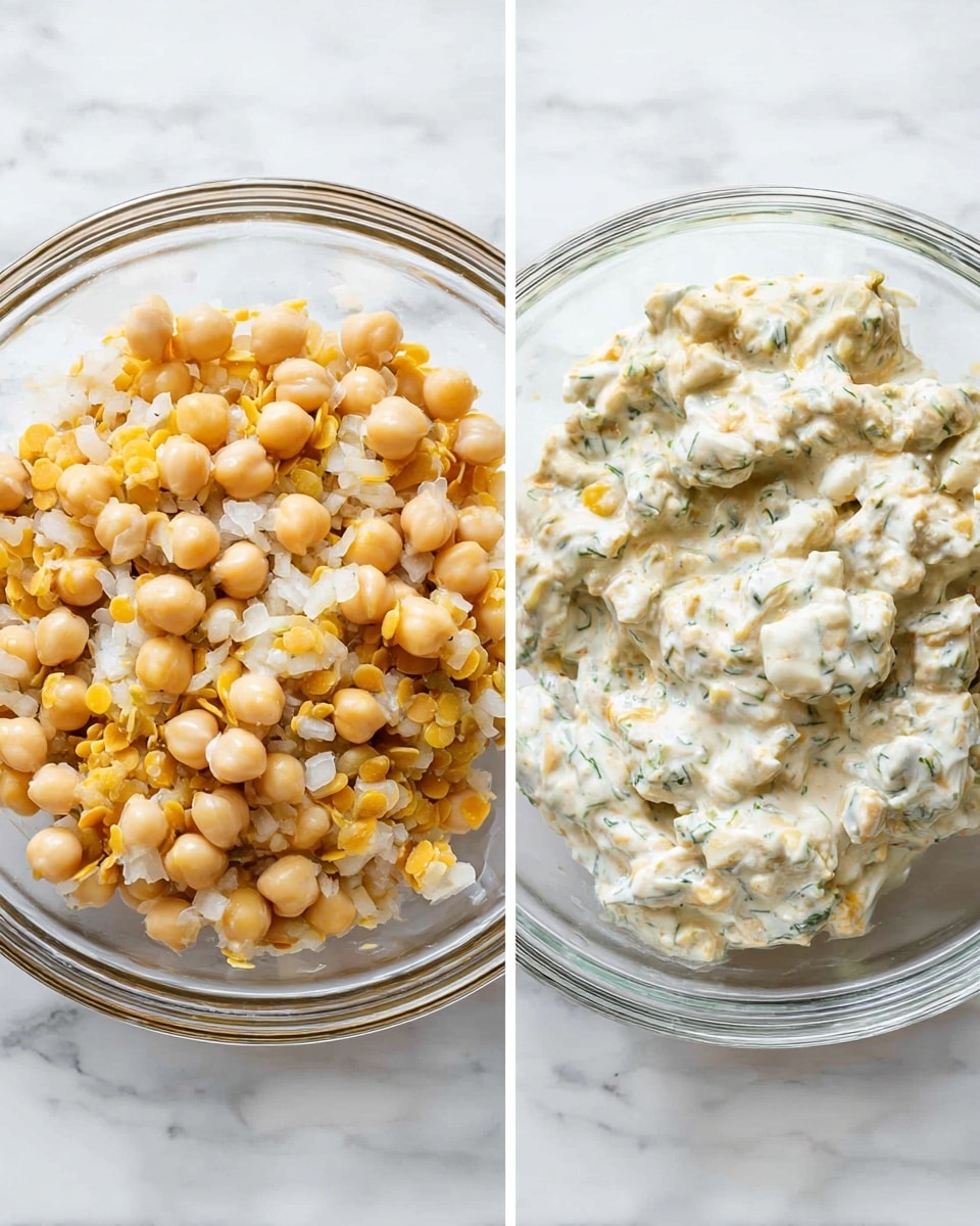 The image shows two glass bowls on a white marbled surface. The left bowl contains a single layer of light beige chickpeas and split yellow lentils mixed with soft white onion pieces, creating a rough, chunky texture. The right bowl holds a creamy mixture of the same chickpeas and lentils, now evenly coated with a thick white sauce that has small green herb bits, giving the dish a soft and smooth look with specks of green distributed throughout. photo taken with an iphone --ar 4:5 --v 7