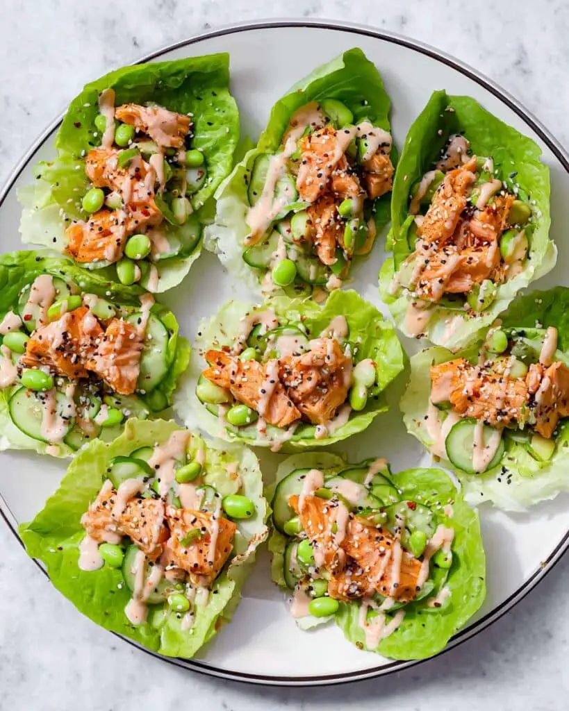 Salmon Lettuce Wraps with Spicy Edamame and Cucumber Recipe