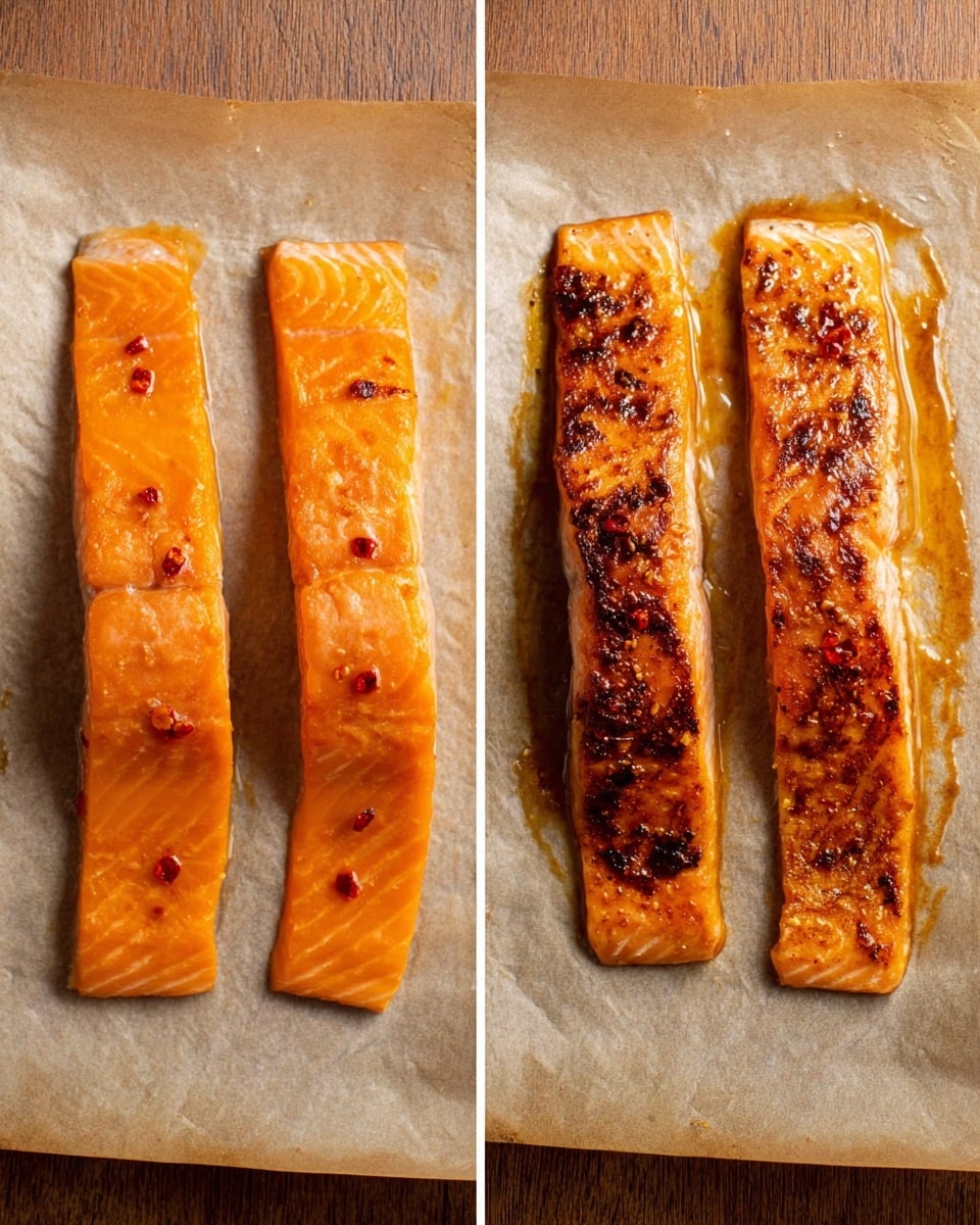 The image shows two rectangular pieces of salmon side by side. On the left, the two raw salmon pieces lay flat on a light beige baking paper, each piece a bright, vivid orange with a slightly glossy texture and scattered small red seasoning flakes on top. The right side shows the same two pieces of salmon, cooked to a warm golden color with dark brown caramelized spots and a light shine from juices and oil on the baking paper beneath, giving a crispy texture look. Both images show the salmon on top of the baking paper, which is placed over a wooden surface beneath. Photo taken with an iphone --ar 4:5 --v 7