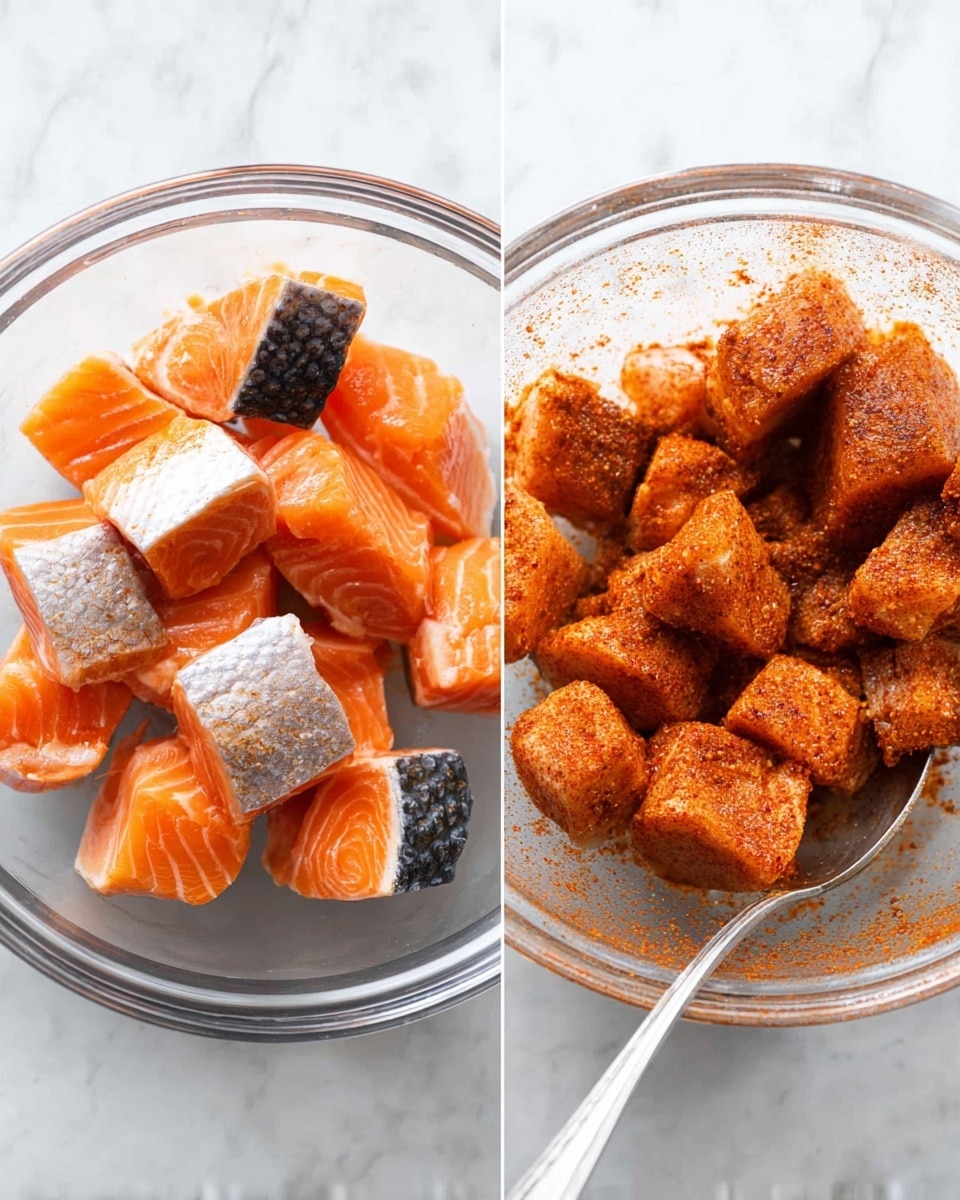 Two clear glass bowls are shown side by side on a white marbled surface. The left bowl contains several pieces of raw salmon cut into chunks, each piece with vibrant orange flesh and dark gray skin on some edges. The right bowl holds the same salmon pieces now coated in a reddish spice mix, giving them a textured, seasoned look with orange and brown tones. A metal spoon rests inside the right bowl. photo taken with an iphone --ar 4:5 --v 7