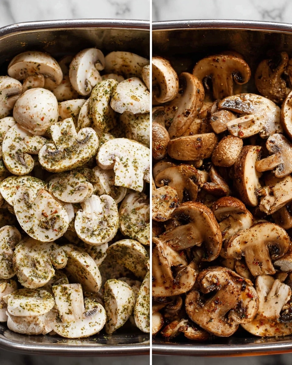 The image shows two side-by-side metal pans filled with sliced mushrooms. The left pan has fresh raw mushrooms coated with a light green herb seasoning, creating a mix of off-white and green colors. The mushrooms have smooth, clean white undersides and light brown tops. The right pan has cooked mushrooms, showing a darker, caramelized brown color with visible specks of seasoning giving a slightly oily texture. Both pans highlight the round and flat shapes of the mushroom slices filling the frame. The background features a white marbled surface. photo taken with an iphone --ar 4:5 --v 7