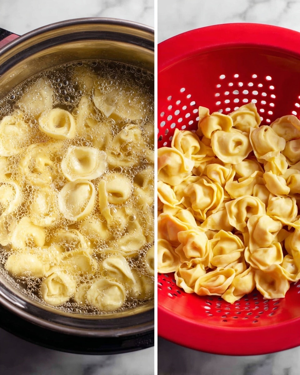 The image shows two side-by-side views of fresh tortellini pasta. On the left, many light yellow tortellini float in boiling water inside a shiny metal pot, with bubbles visible around them. On the right, the cooked tortellini sit inside a bright red colander, showing their folded, ring-like shapes and soft texture on a white marbled surface. The red colander contrasts with the pale pasta color. photo taken with an iphone --ar 4:5 --v 7