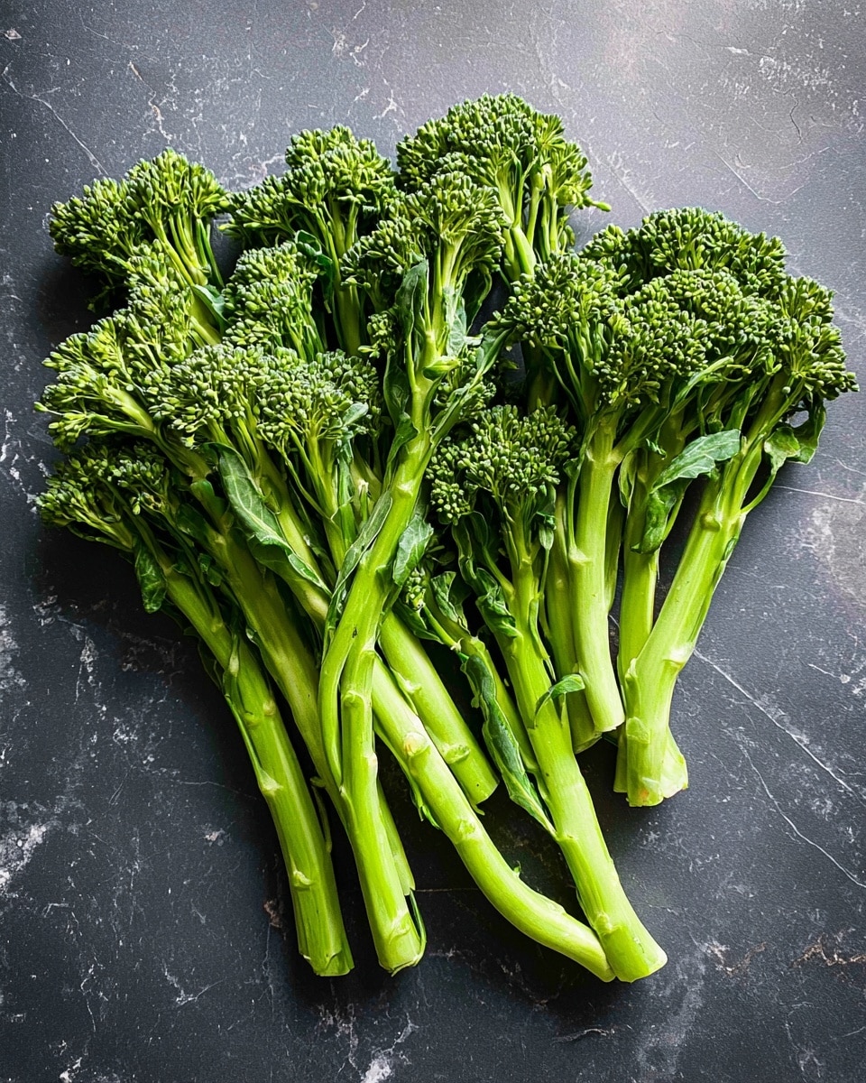 A bunch of fresh broccolini with slender, green stalks and small, tight clusters of florets is spread out evenly on a dark surface. The broccolini has shades of bright green and a slightly shiny texture on the stalks, showing freshness. The top florets are dense and finely detailed, while the stems are smooth and straight with tiny leaves attached intermittently. The background is changed to white marbled texture to give a clean, simple look. photo taken with an iphone --ar 4:5 --v 7