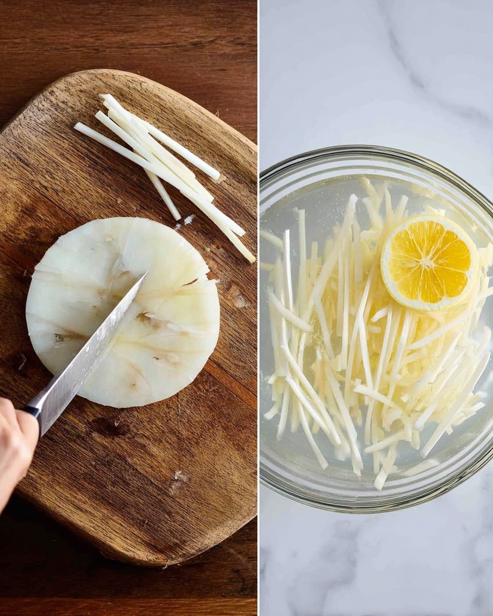 On the left, a white bowl with a floral pattern holds a light, fluffy cream-colored mixture being stirred with a wooden spatula held by a woman's hand; the texture looks smooth and airy. On the right, a clear glass bowl contains many thin, pale beige strips tossed with a white creamy sauce, stirred by a woman’s two hands holding forks. Both bowls rest on a white marbled surface that contrasts with the darker tone of the bowls' contents. photo taken with an iphone --ar 4:5 --v 7