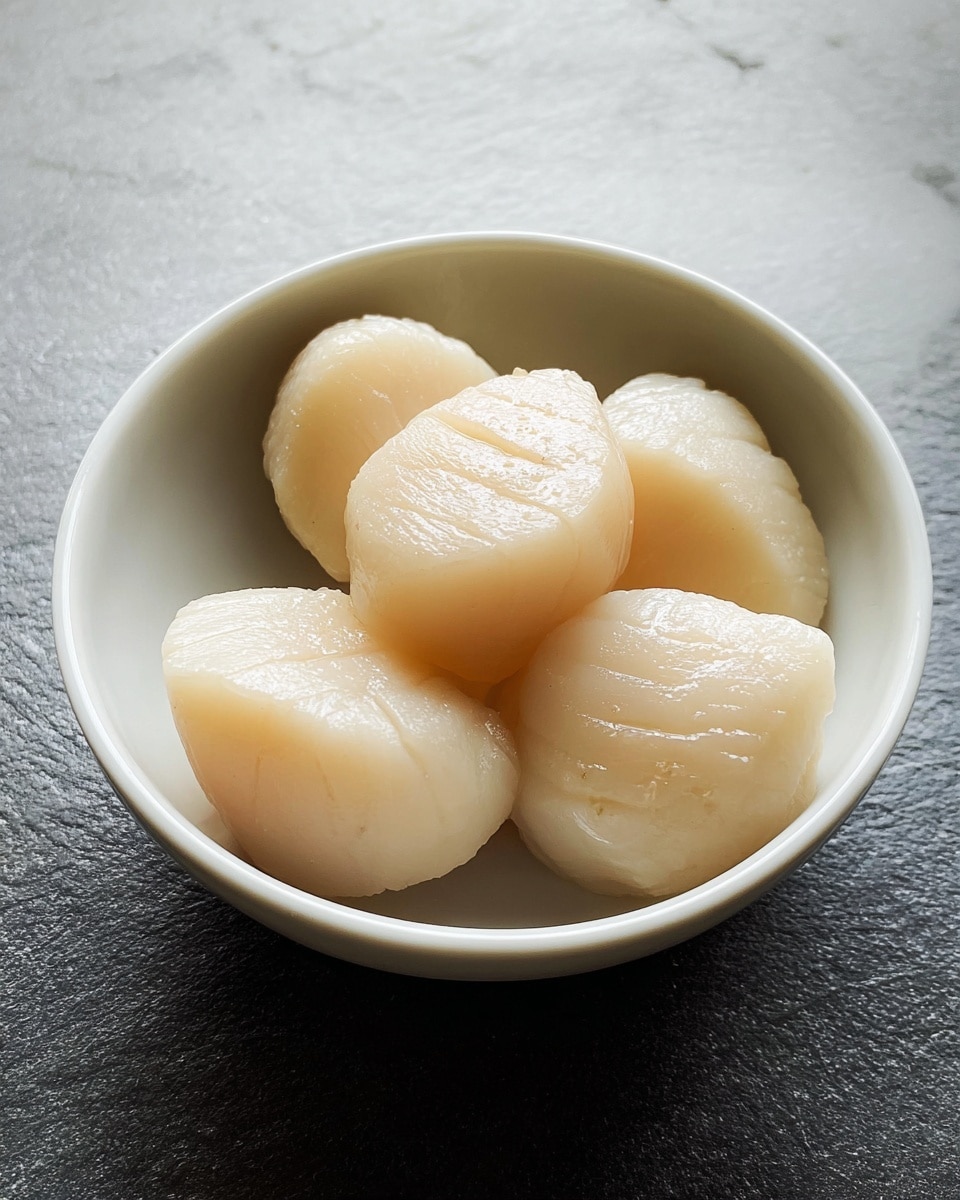 The image shows a small white bowl filled with six pale ivory scallops arranged loosely inside. Each scallop has a smooth, slightly shiny surface with soft ridges and a gentle plumpness that gives them a tender, fresh look. The scallops fill the bowl almost to the rim and are evenly spaced, with some overlapping gently. The bowl is set on a clean white marbled surface that creates a subtle contrast to the scallops’ creamy color. The lighting is soft, highlighting the scallops’ smooth, moist texture. Photo taken with an iphone --ar 4:5 --v 7