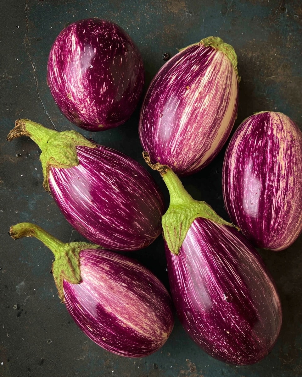 The image shows six small eggplants with shiny, smooth skin that is deep purple with light purple streaks running vertically. Each eggplant has a green stem attached at the top, and they are lying close together on a dark surface. The eggplants are oval and round in shape, with the stems pointing in different directions, creating a natural, casual arrangement. The surface texture appears slightly rough with some tiny light spots. photo taken with an iphone --ar 4:5 --v 7