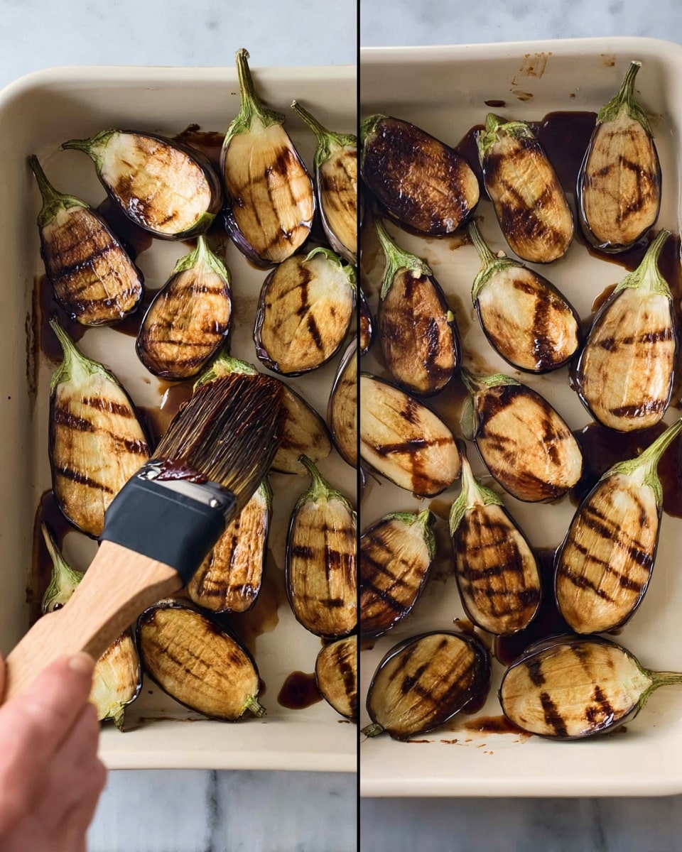 A white oval plate holds a layered dish starting with a base of dark purple and green lettuce leaves, topped with several halved grilled eggplants that have browned grill marks. Scattered on top are bright red raspberries and sprinkled green pumpkin seeds along with tiny red pomegranate seeds, adding texture and color contrast. The plate is set on a white marbled surface surrounded by bright red berry branches, a small white bowl of green pumpkin seeds, a small bowl of brown sauce, and holiday ornaments in red and white colors. A woman's hand with utensils is positioned near the plate. Photo taken with an iphone --ar 4:5 --v 7