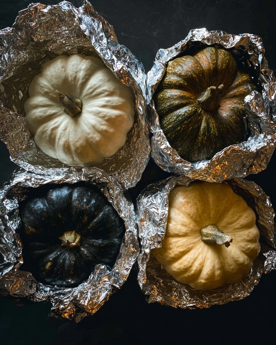 The image shows four small pumpkins wrapped loosely in shiny silver foil, arranged in a 2x2 grid on a dark surface. Each pumpkin has a round, ridged shape with a short stem at the center. The top-left pumpkin is creamy white with a smooth texture, the top-right is a dark green with brown patches, the bottom-left is almost black with a shiny surface, and the bottom-right is pale yellow with a matte finish. The foil crinkles around each pumpkin, reflecting light and creating bright highlights and shadows. photo taken with an iphone --ar 4:5 --v 7