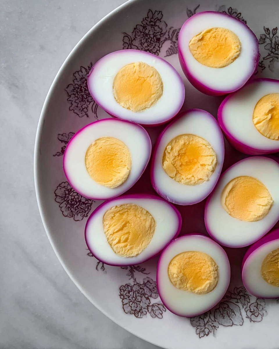 A white plate with a floral pattern holds nine halved eggs arranged close together. Each egg has three visible layers: a bright yellow yolk in the center with a soft texture, surrounded by a white egg white layer, and an outer layer that is a deep pinkish-purple color. The eggs are placed atop a white marbled surface. Photo taken with an iphone --ar 4:5 --v 7