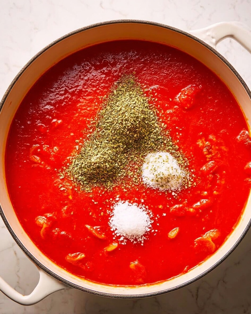 A white pot with light blue handles holds a red tomato sauce that has a thick texture with small tomato chunks and green basil leaves scattered on top. A wooden spoon rests inside the pot, partially covered by the sauce, showing the rich color and texture of the sauce. In the background, there is a small glass bottle with golden yellow olive oil and a few fresh green basil leaves on a white marbled surface. The scene is bright and clean, highlighting the vibrant red and green colors. photo taken with an iphone --ar 4:5 --v 7