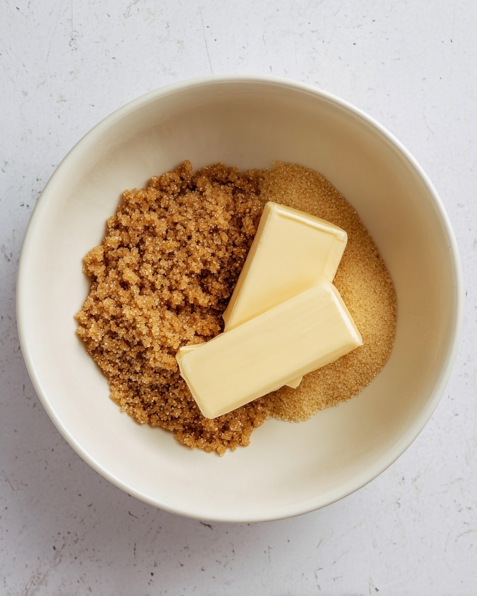 A white bowl sits on a white marbled surface, filled with one layer of light and dark brown sugar crystals forming a rough texture on the left side, and two solid sticks of pale yellow butter resting on top and to the right of the sugar. The mixture contrasts softly against the smooth, round inner surface of the bowl, creating a simple and natural mix ready for blending, photo taken with an iphone --ar 4:5 --v 7