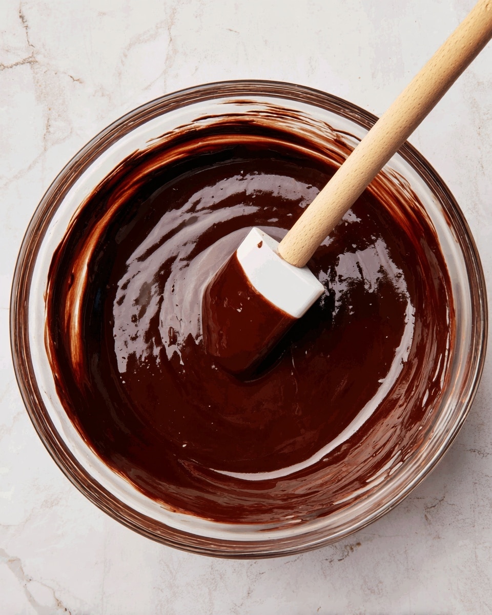 A clear glass bowl filled with smooth, thick dark chocolate sauce that has a shiny texture. A white spatula with a wooden handle is inside the bowl, partially covered in the chocolate sauce. The bowl is placed on a surface with a white marbled texture. photo taken with an iphone --ar 4:5 --v 7
