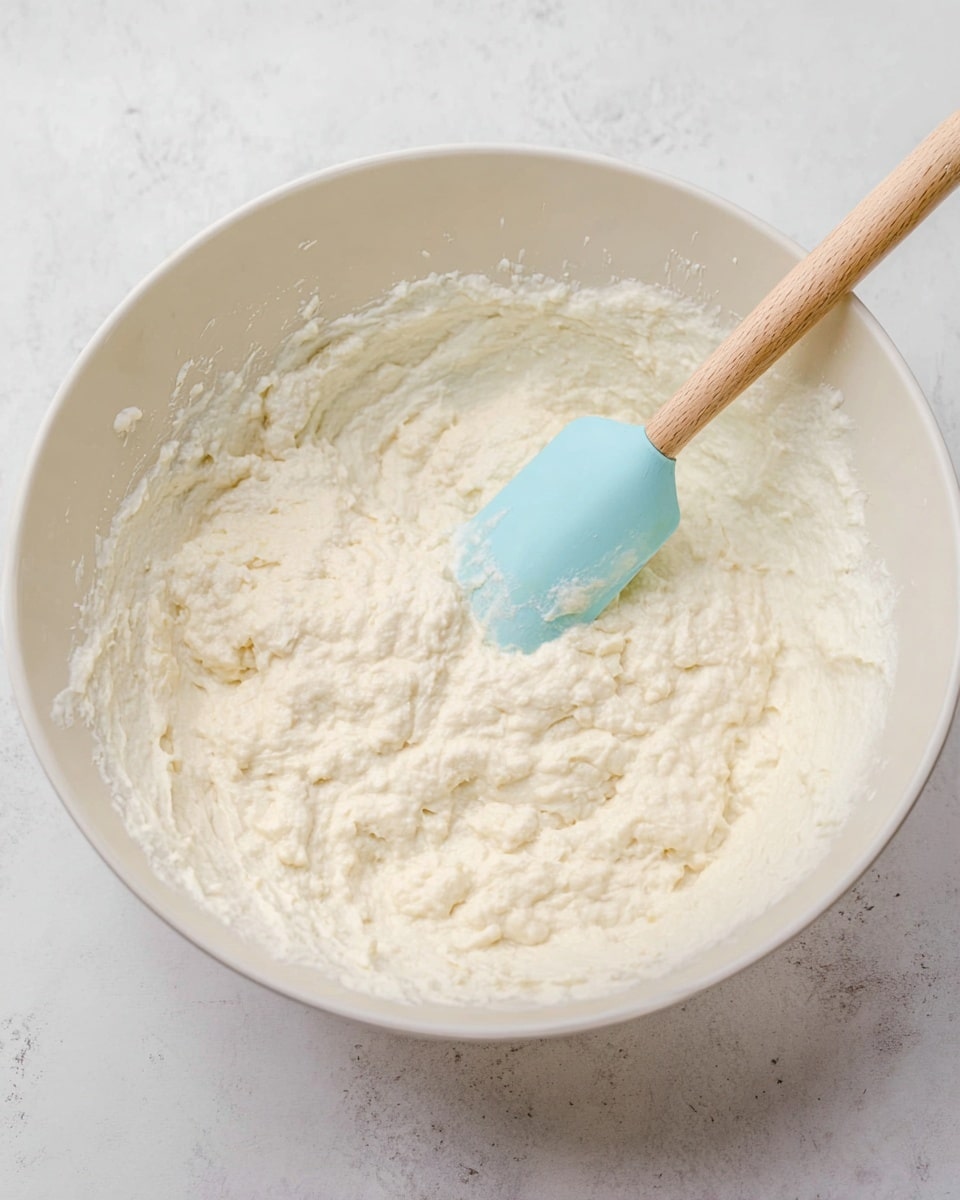 The image shows a thick, creamy mixture with a lumpy texture in a large white bowl. The mixture is off-white and appears soft and wet, with slightly uneven clumps throughout. A light blue silicone spatula with a wooden handle is partially submerged in the mixture on the right side of the bowl, resting inside. The bowl sits on a white marbled surface that adds a clean and bright contrast to the pale mixture inside. photo taken with an iphone --ar 4:5 --v 7