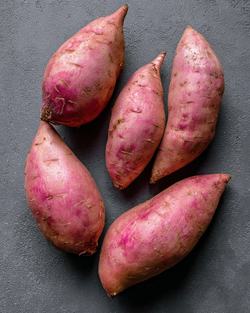 Four raw sweet potatoes with rough, pinkish skin lay scattered on a dark grey textured surface. Each sweet potato shows natural marks and small indentations on their uneven, elongated shapes, presenting a rustic and fresh look. The light highlights their slightly shiny, smooth skin with subtle variations in color from deep pink to light reddish patches. The background creates contrast, making the sweet potatoes stand out clearly. photo taken with an iphone --ar 4:5 --v 7