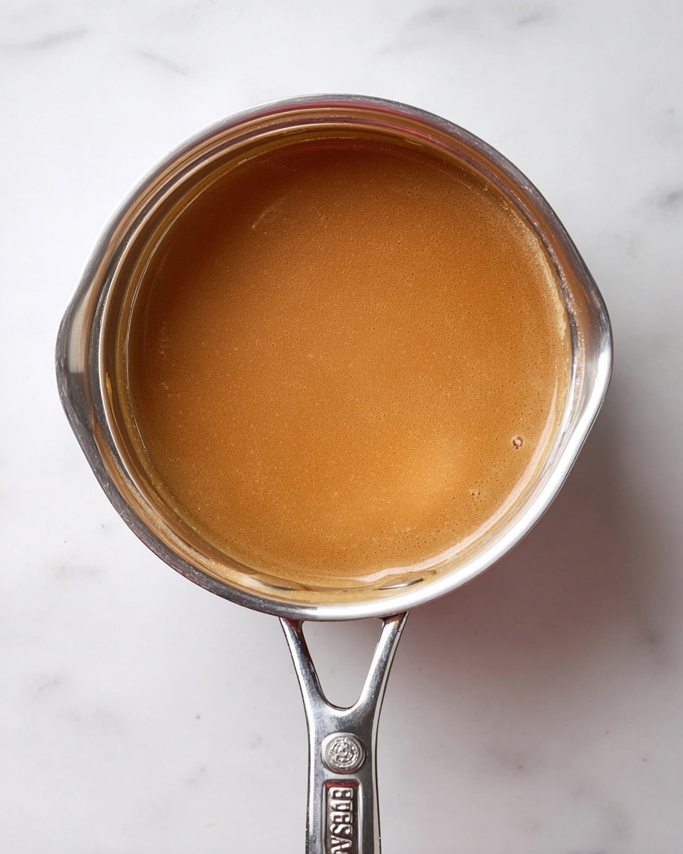 A shiny stainless steel saucepan with a visible brand name