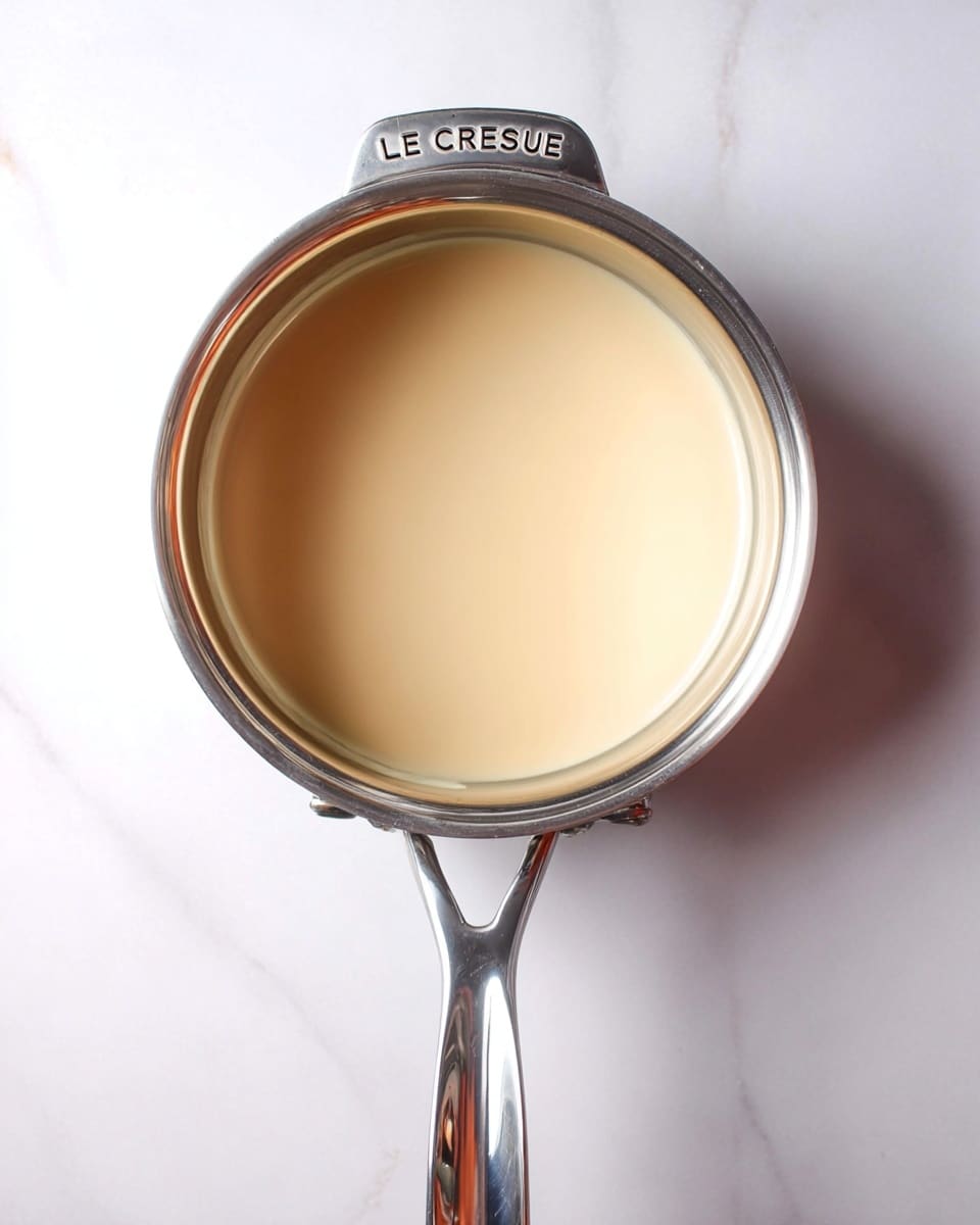 A white plate holds a small, round pudding with a smooth, glossy pale yellow top layer dripping with thick caramel sauce pooling at the base. The pudding is topped with two halved strawberries, bright red with green stems, adding a fresh contrast. A spoon rests on the plate with a scoop of the creamy pudding covered in caramel, showing its soft and smooth texture. Behind the plate, a clear glass cup filled with creamy caramel sauce sits on a white marbled surface, with scattered caramel drops and halved strawberries around, giving a cozy and inviting feel. Photo taken with an iphone --ar 4:5 --v 7